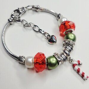NWT S/M Pandora Style Charm Bracelet Christmas Candy Cane Red, Green, Silver